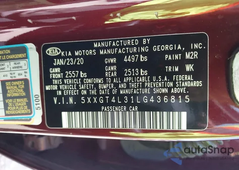 2020 Kia Optima Lx z USA, uszkodzony, nr VIN 5XXGT4L31LG436815